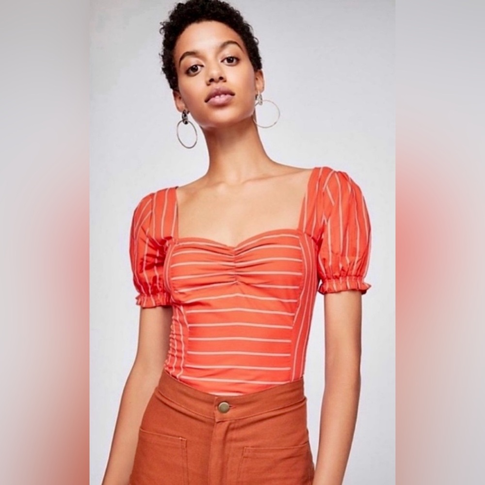 Free People Rose Garden Striped Puff Sleeve Crop Top Women’s Size XS